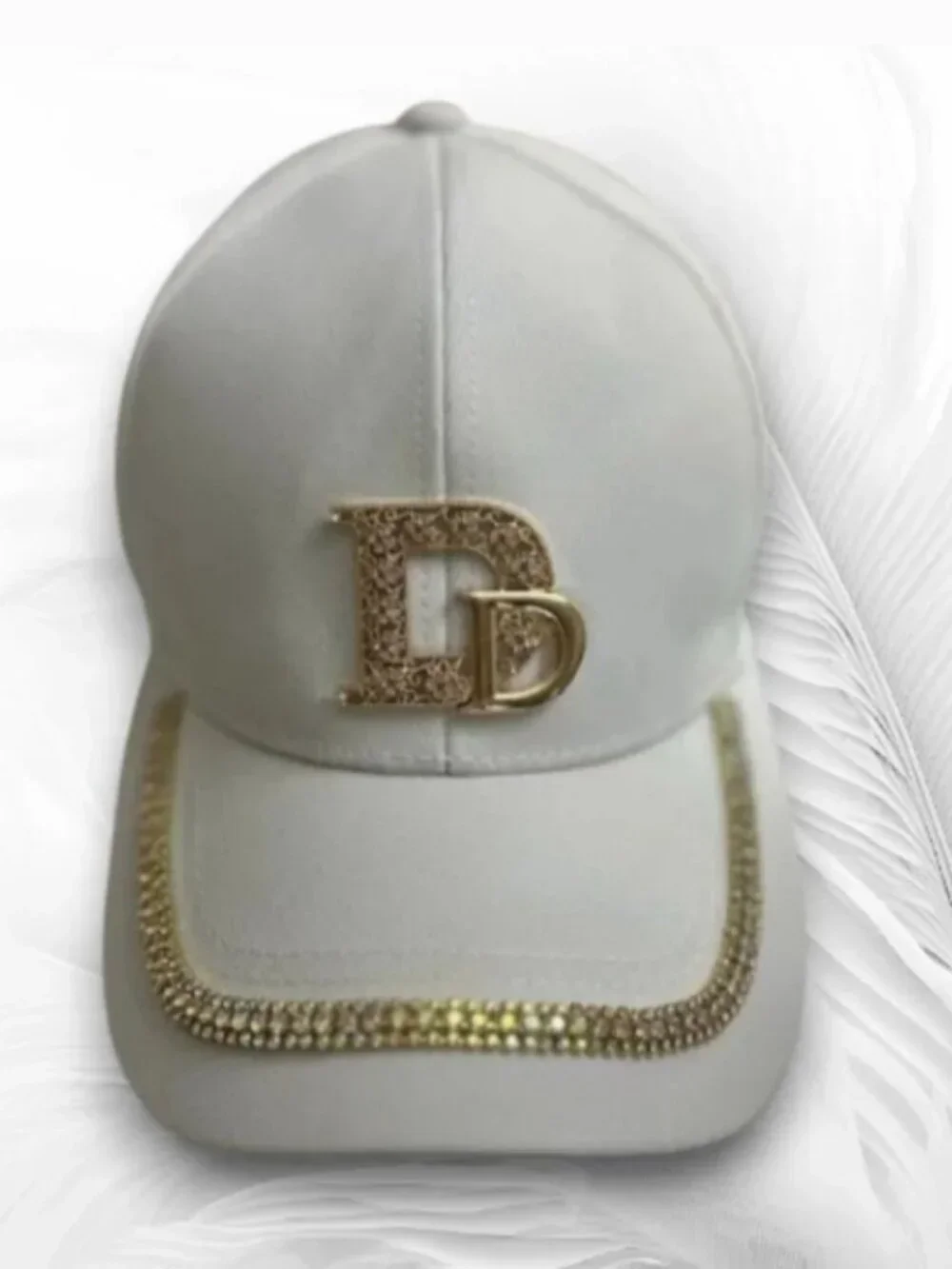 White Rhinestone Letter Logo Baseball Cap Gold Crystal Bling Adjustable Hat